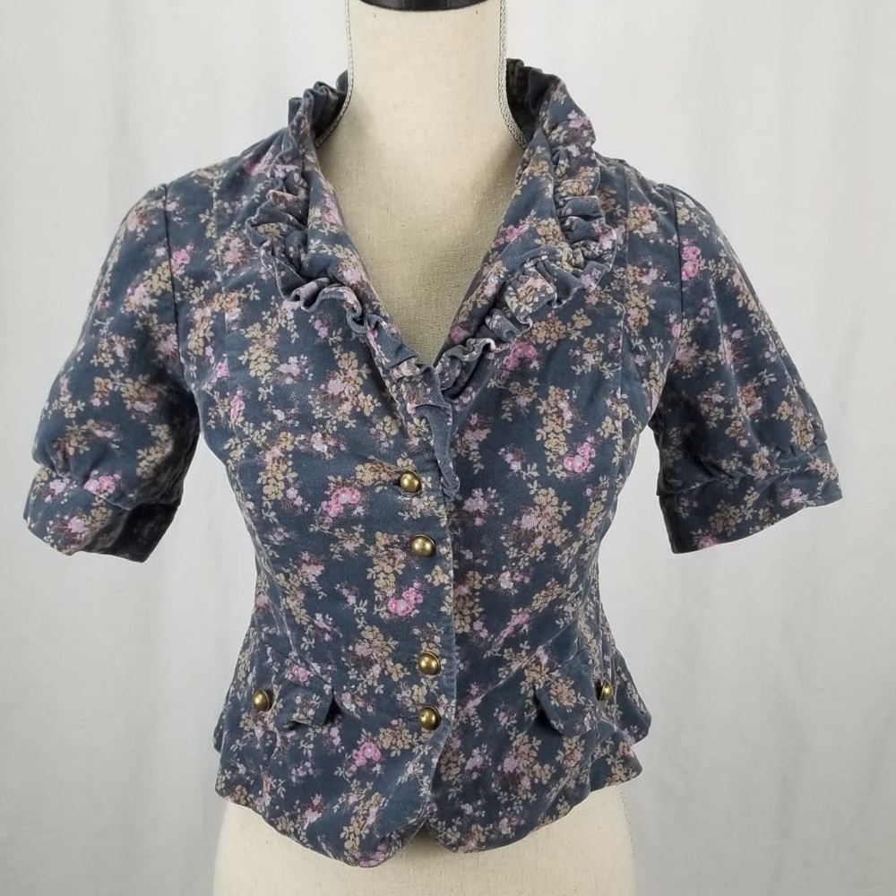 Crushed Velvet Peplum Cropped Short-Sleeved Blazer